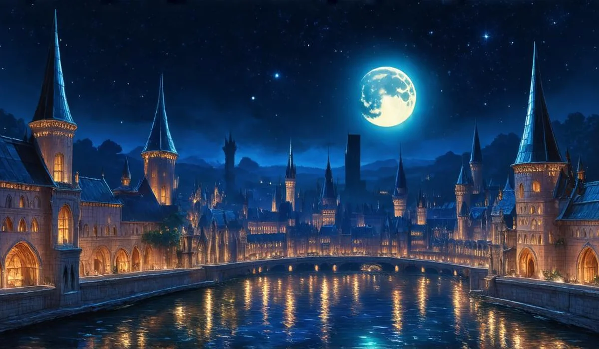 A luminous starlit fantasy city with illuminated glass spires blending high fantasy court aesthetics with modern urban magic
