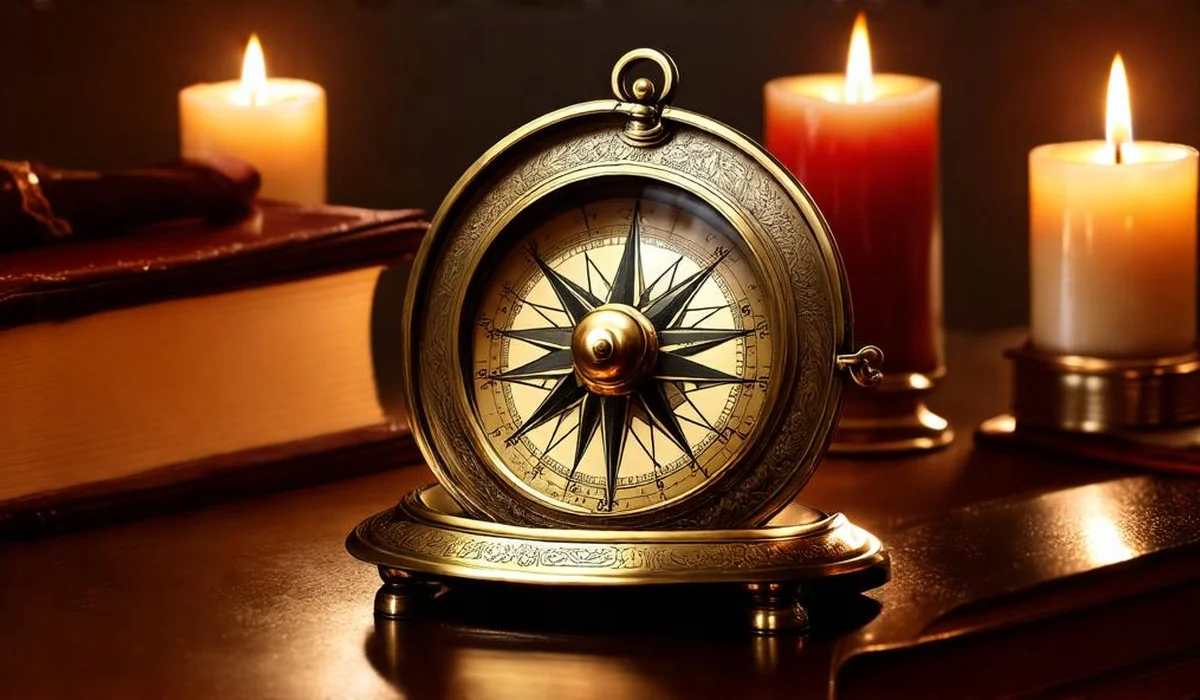 An ornate golden alethiometer truth-measure device with mysterious engraved symbols on a dark wooden scholar desk
