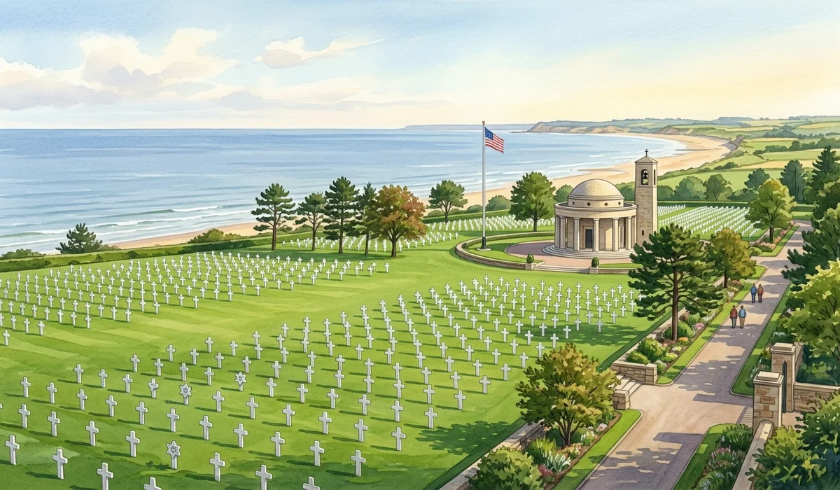 A serene landscape of the Normandy American Cemetery at Colleville-sur-Mer overlooking the sea