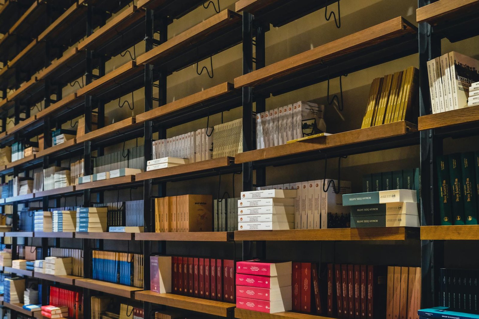 Books neatly arranged on wooden shelves in a library in İstanbul, Türkiye, highlighting literature and education.
