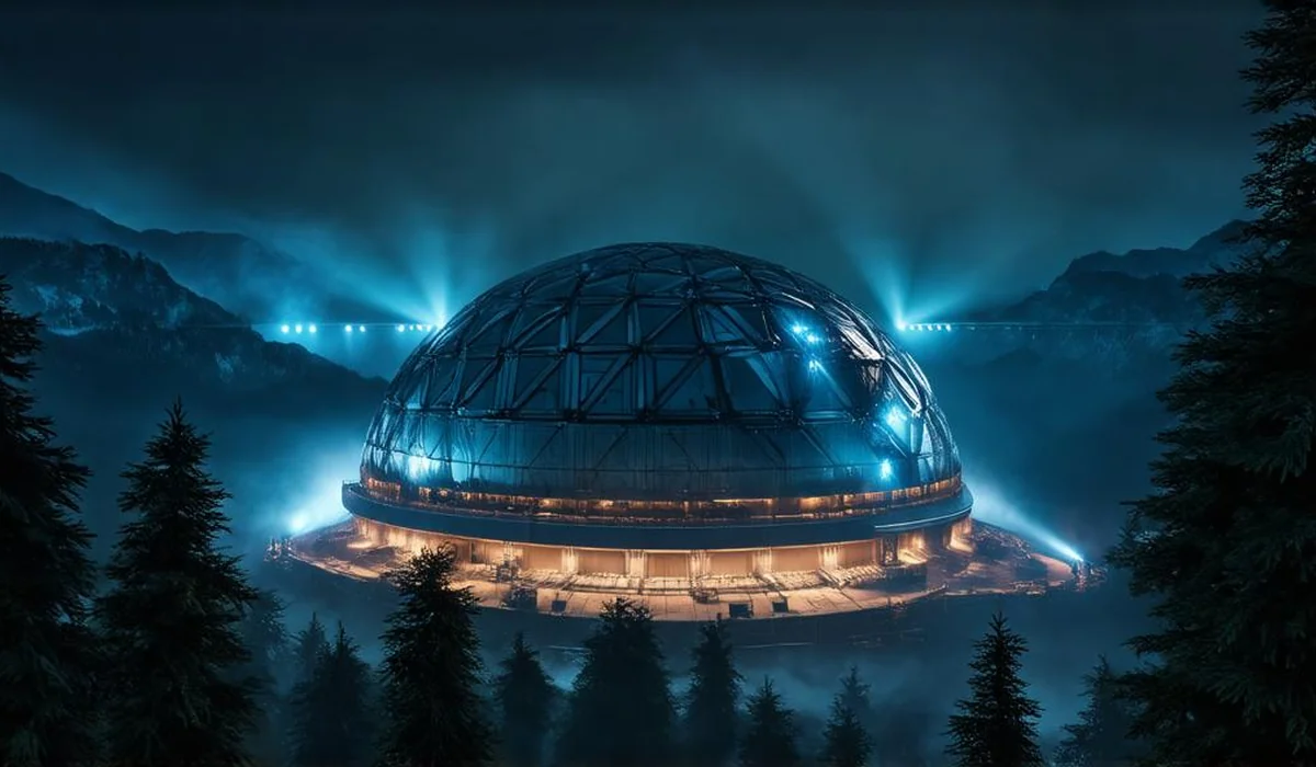 A high-tech survival arena dome surrounded by forested mountains and dramatic searchlights