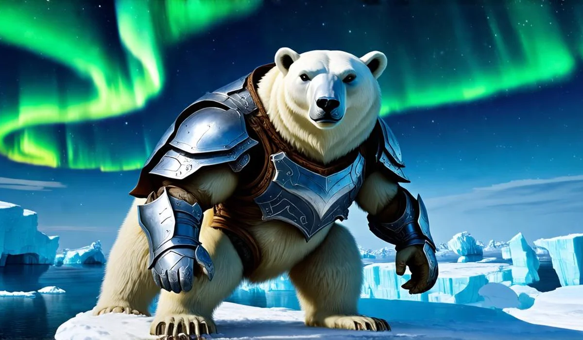 A massive armored polar bear warrior standing on an icy Arctic cliff under glowing green northern lights