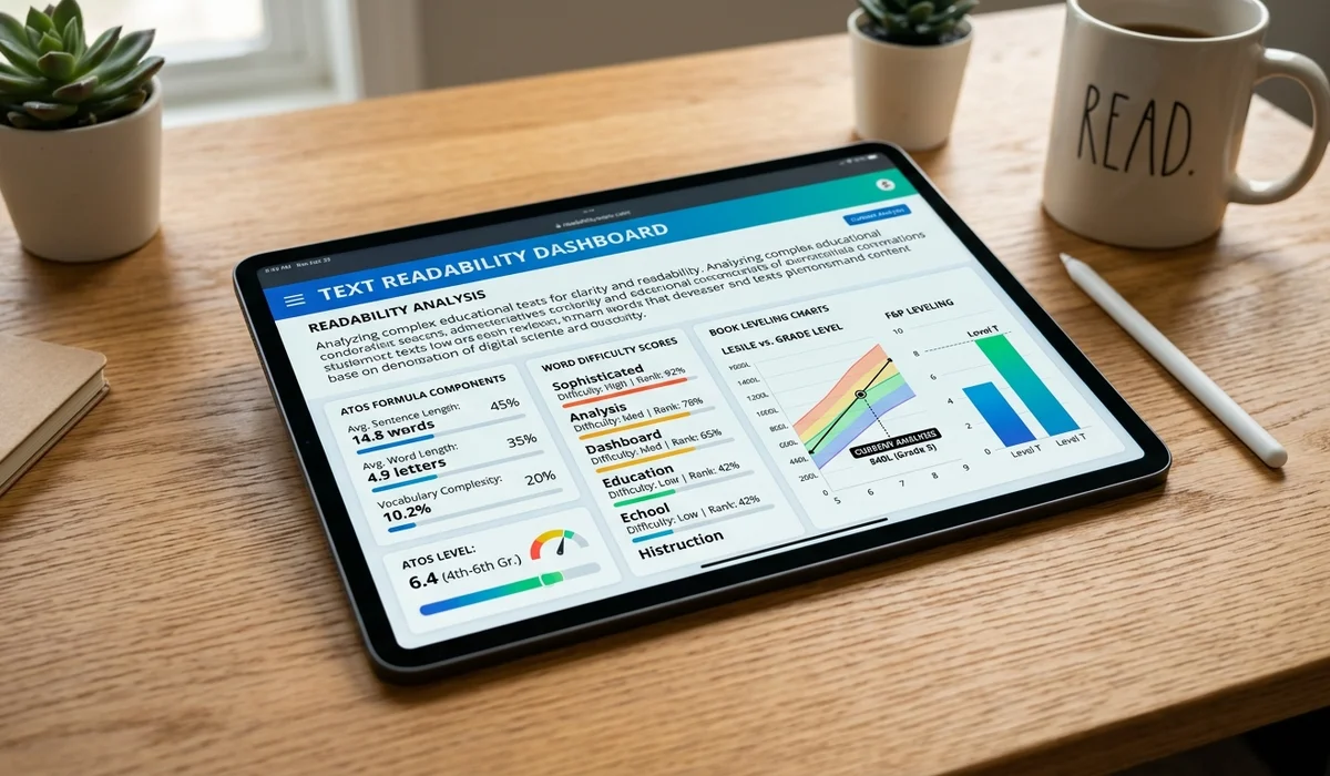 Digital tablet showing text readability dashboard with ATOS formula metrics and leveling charts