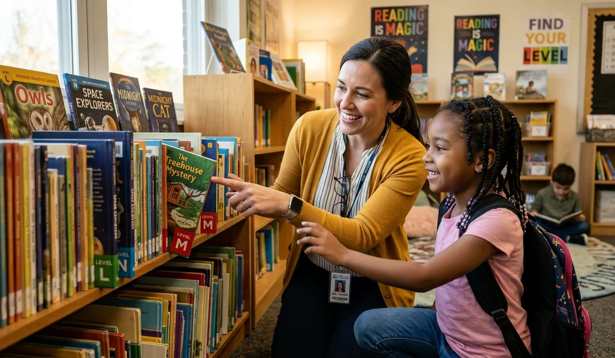 Teacher guiding a young student at a classroom bookshelf to find books matched to her reading level