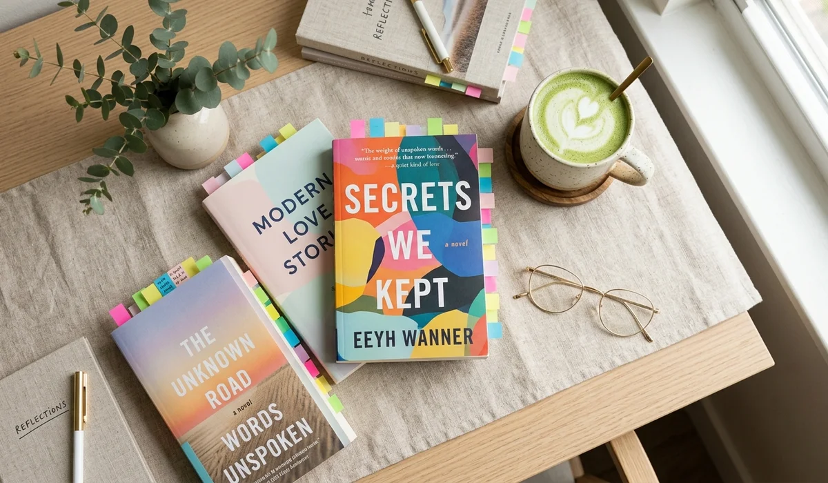 Aesthetic flatlay of annotated contemporary novels with colorful sticky tabs, glasses, and a matcha drink