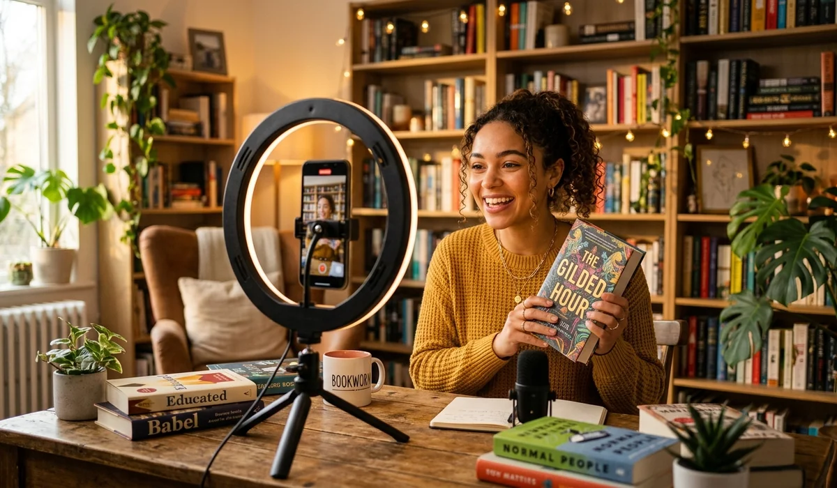 BookTok content creator holding up a recommended novel while filming in a home library studio