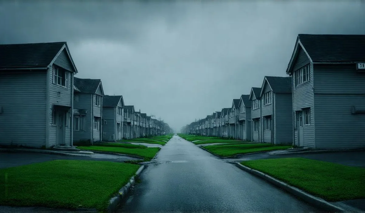 A dark eerie dystopian city street with identical houses and children bouncing red balls in synchronized rhythm