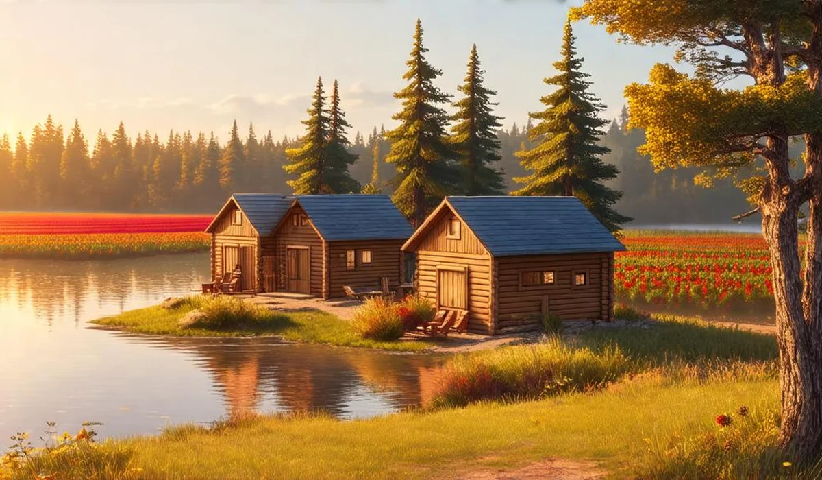 Summer camp cabins with Greek architecture situated beside a scenic lake at golden sunset
