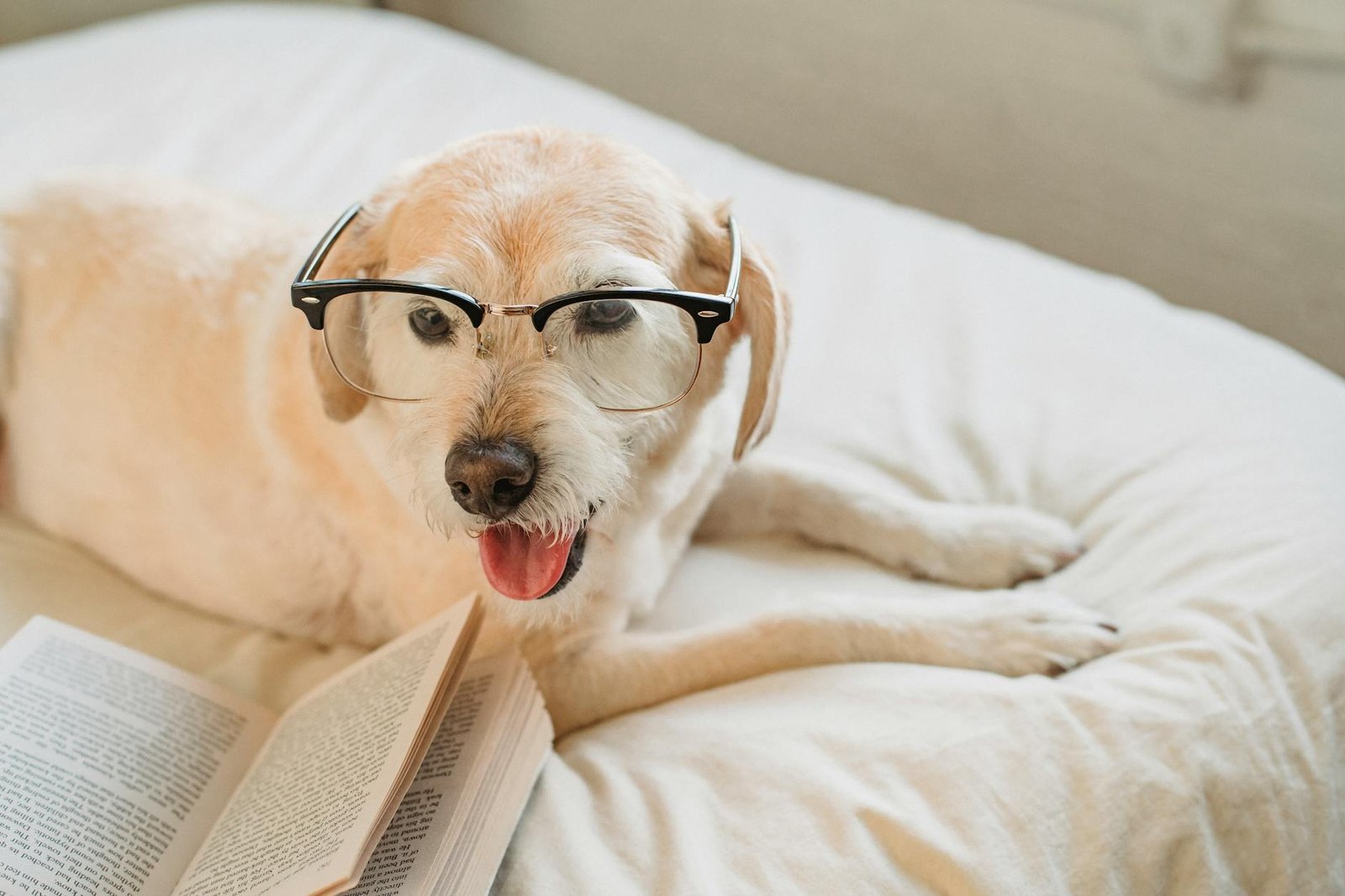 Adorable dog with eyeglasses on a bed with an open book, cozy indoor setting.