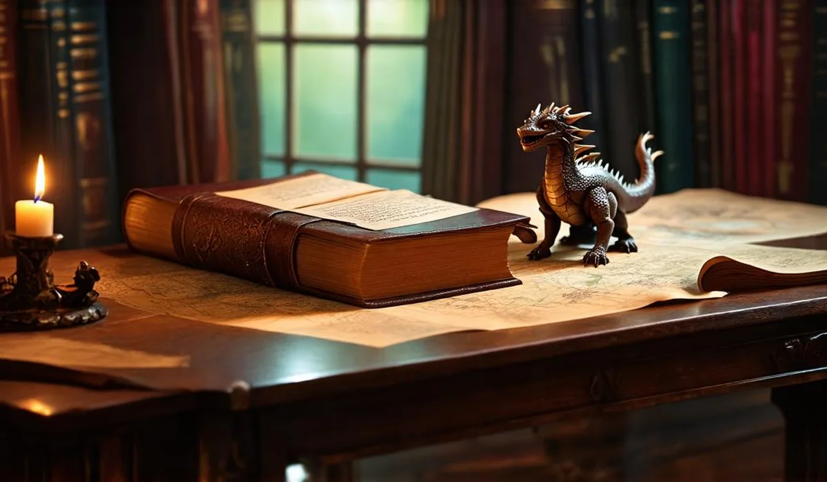 Stack of fantasy novels with magical glowing runes and study notes on a wooden desk