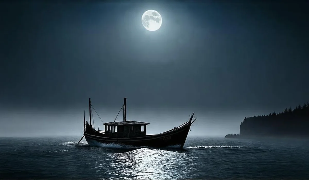 A wooden fishing boat slipping quietly across misty coastal waters under a starlit night sky toward safety