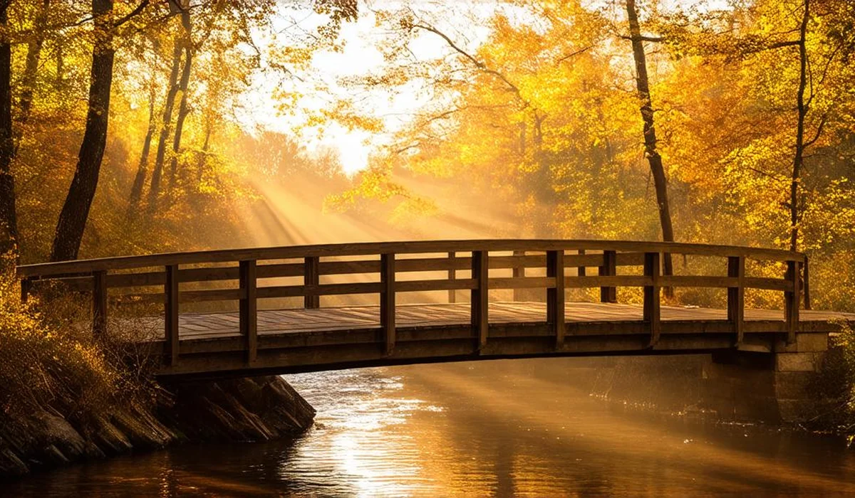 A quiet wooden footbridge built across a tranquil forest creek with soft golden light filtering through autumn leaves
