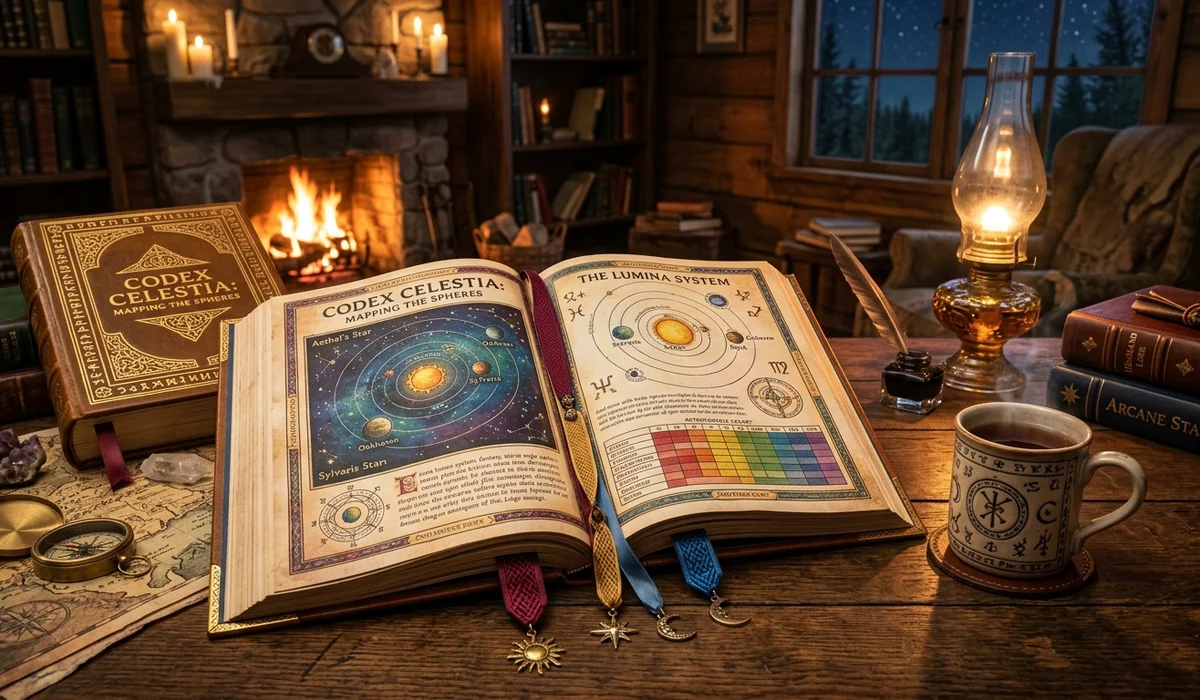 Open illuminated fantasy guide book on a wooden desk displaying celestial maps and color-coded planetary reading charts