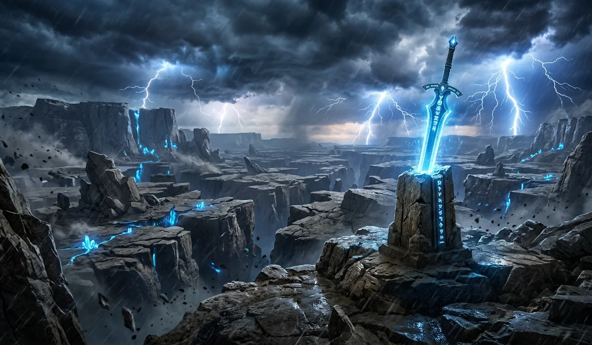 Glowing shardblade thrust into ancient stone on a shattered plains plateau during a highstorm