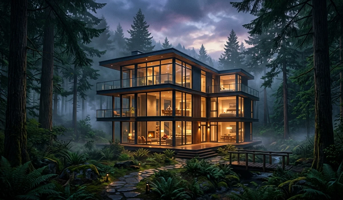 Sleek modern architectural glass house nestled deep in an evergreen Olympic forest