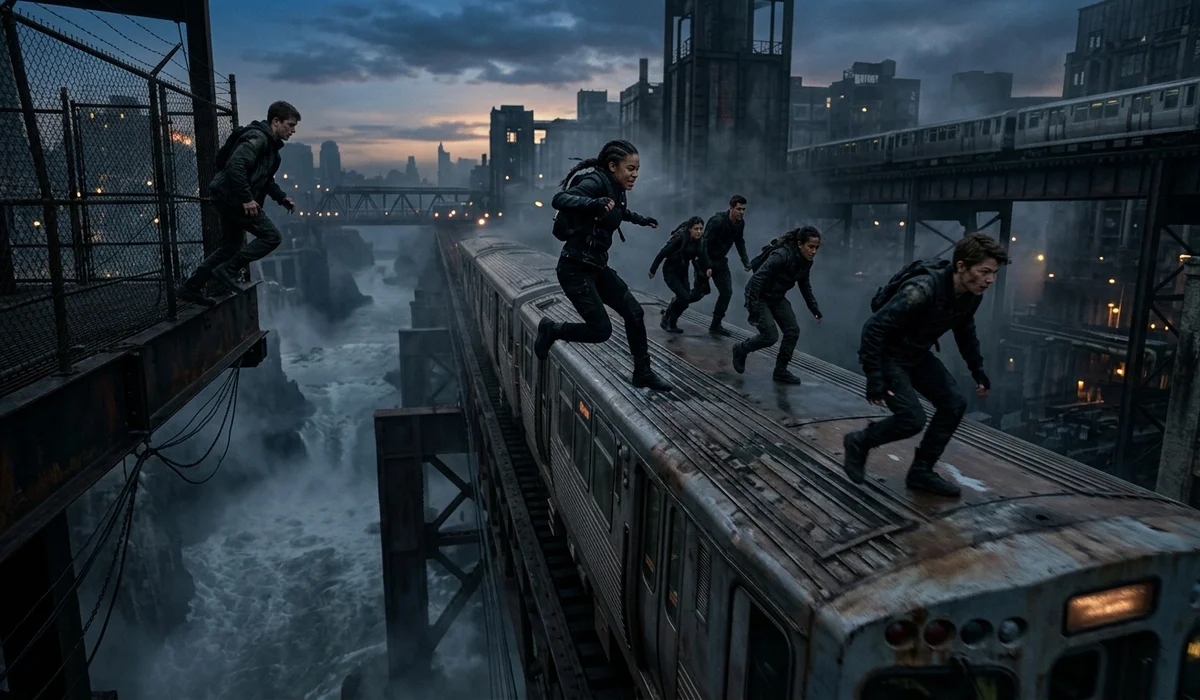 Young teen Dauntless initiates leaping onto a moving elevated train car above an urban river canyon at dusk