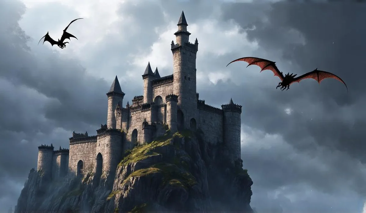 Grand fantasy fortress academy with majestic dragons circling in the sky