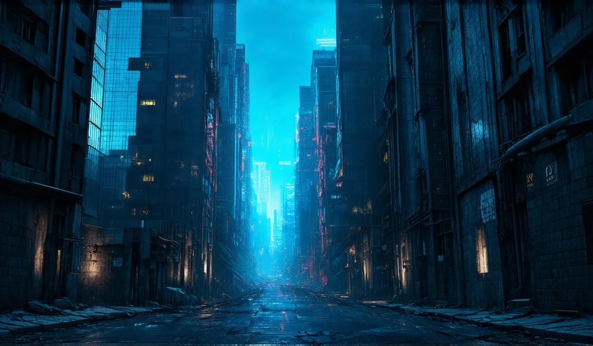 A futuristic divided city with neon-lit elite sectors contrasting with gritty industrial resistance tunnels