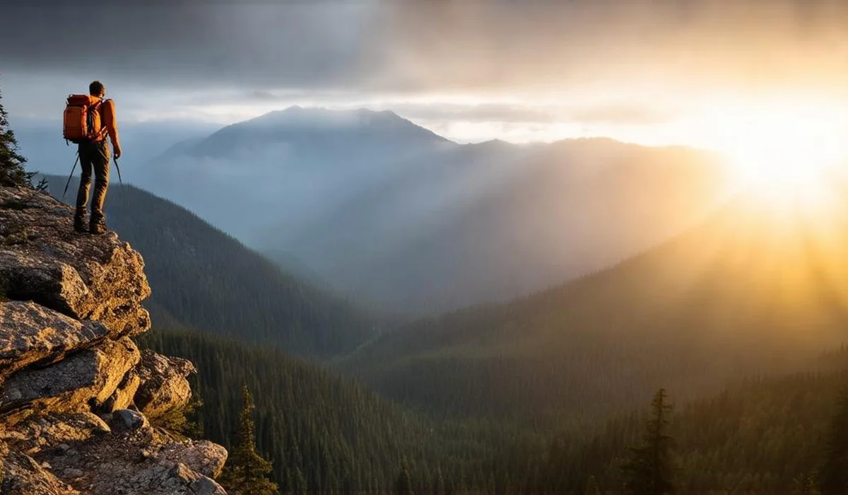 Dramatic mountain landscape with a lone hiker looking over a vast wilderness valley at golden hour