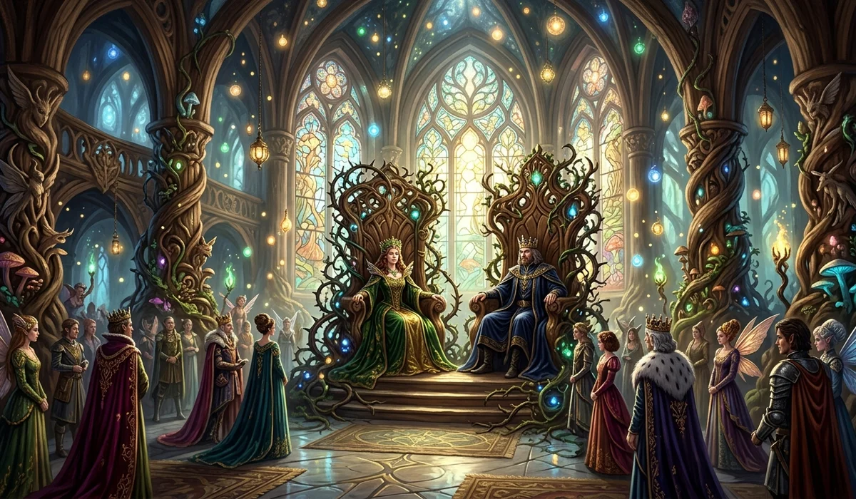 The majestic high throne room of the Faerie Court of Elfhame with entwined thrones
