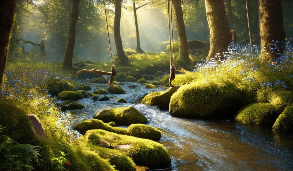 An old knotted rope swing swaying over a clear forest stream surrounded by lush ferns and tall pines