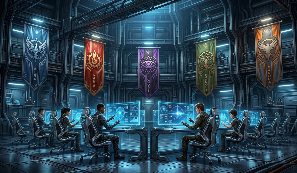A futuristic high-tech aptitude test chamber with sleek metal chairs, glowing blue simulations, and faction banners