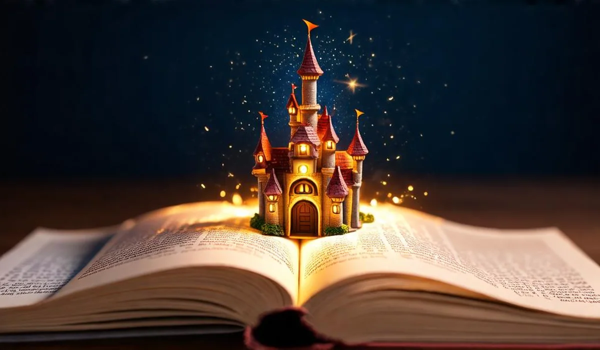 Children reading under a magical tree with floating glowing book pages and whimsical castle illustrations