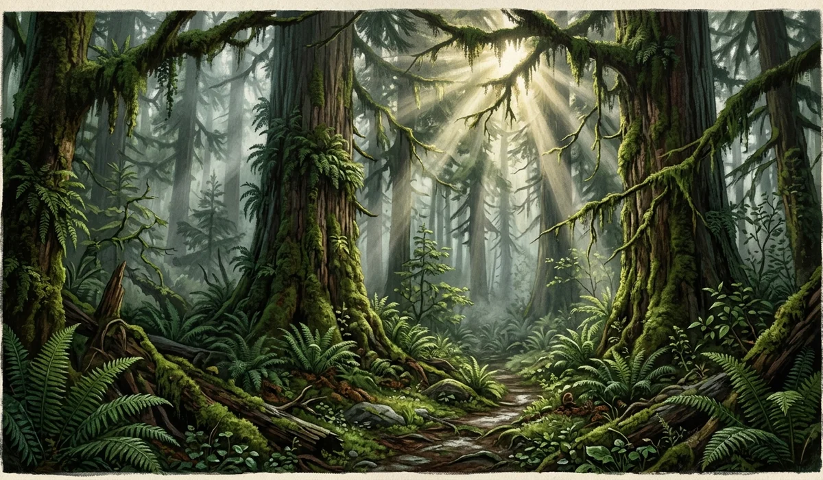 Lush misty moss-draped temperate rainforest in Forks Washington with sunlight rays