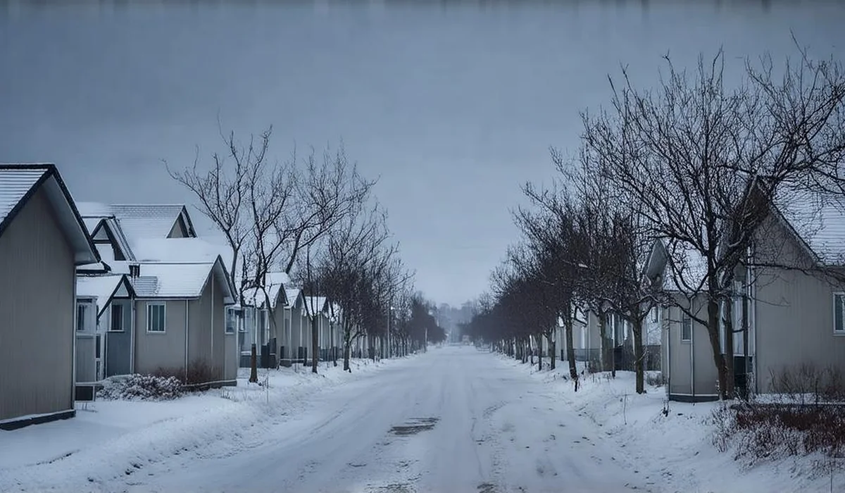 Stark wintry dystopian village representing the controlled community in The Giver