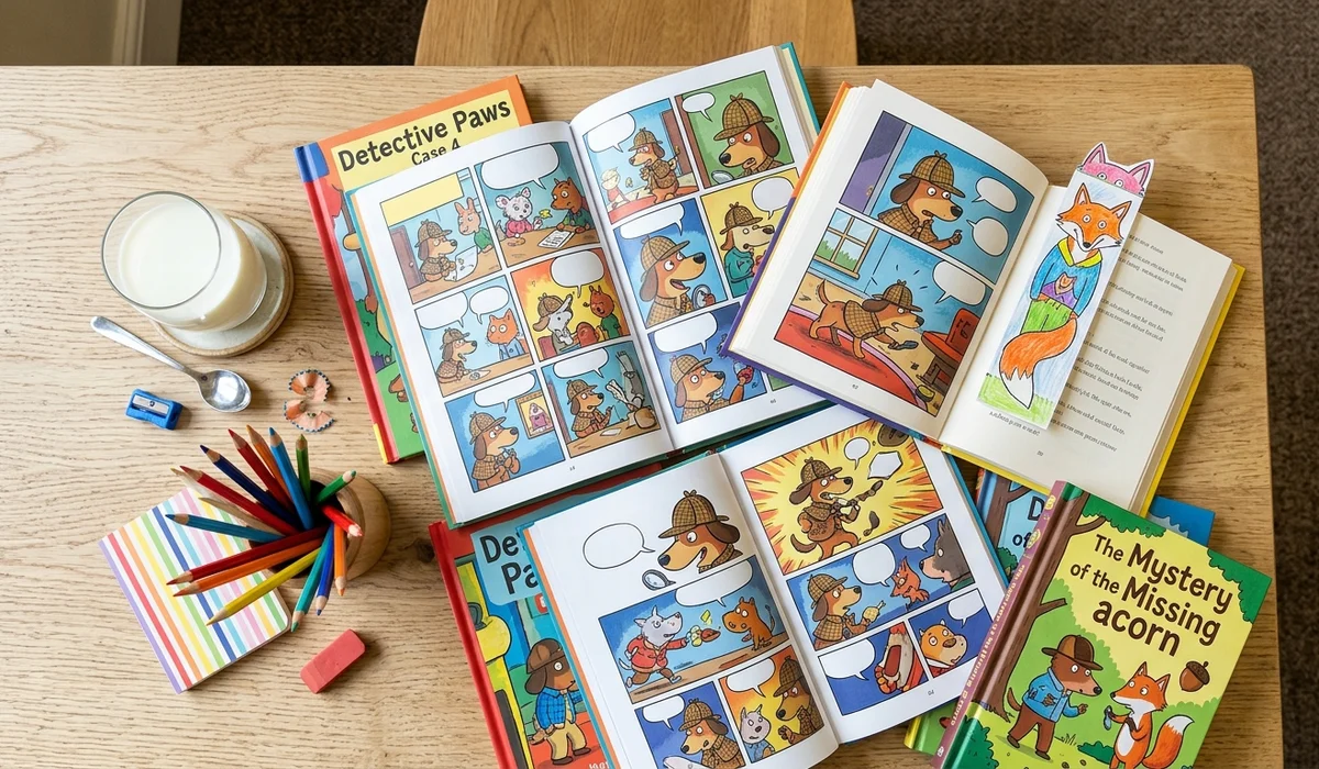 A colorful flatlay of children's graphic novels, comic mystery panels, bookmarks, and colored pencils on a library desk