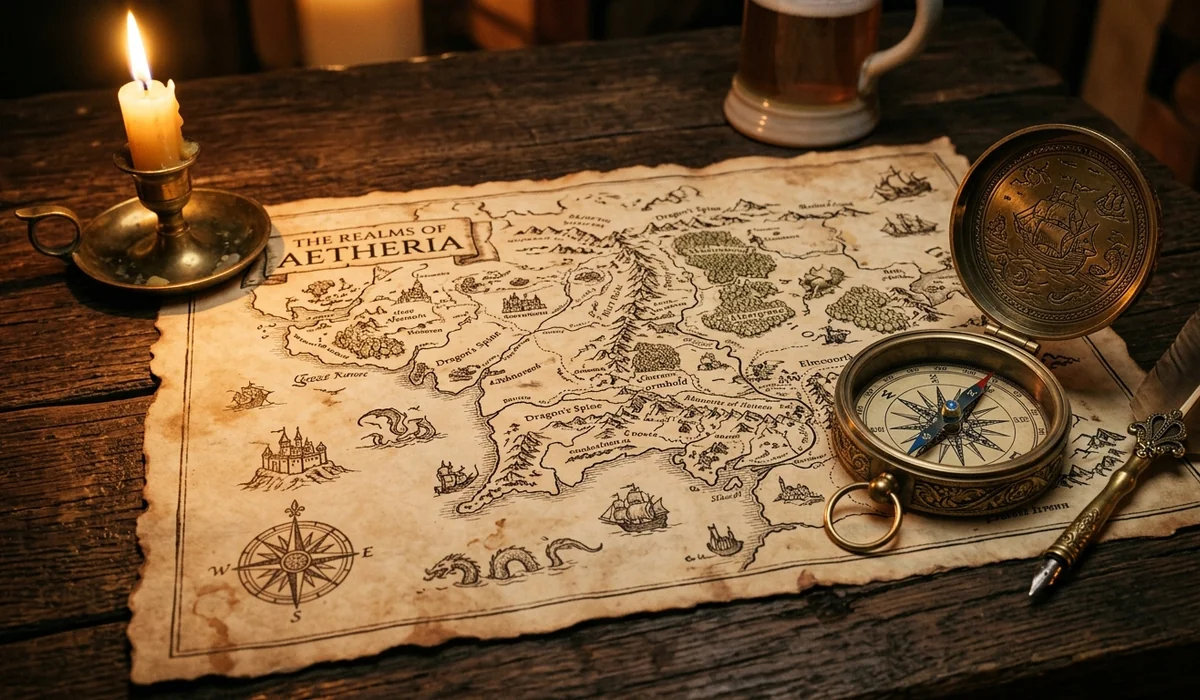 Vintage fantasy map and compass illustrating worldbuilding complexity