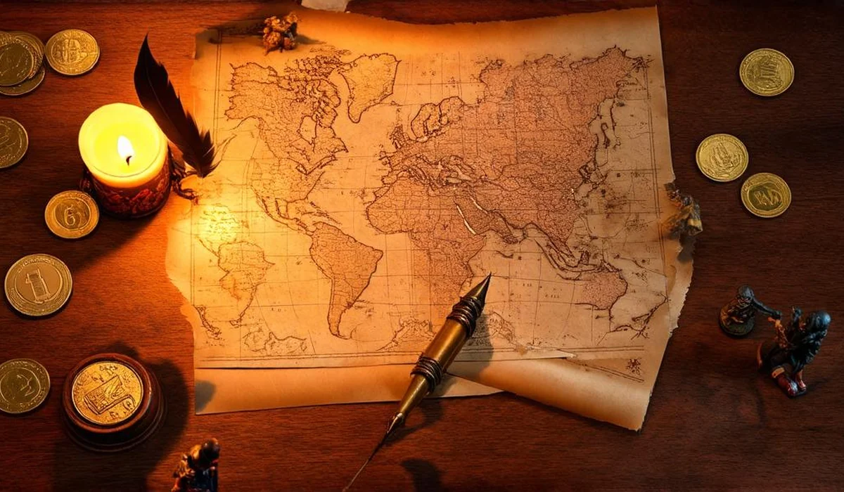 Heist planning map with coins and candlelight representing Six of Crows plot complexity