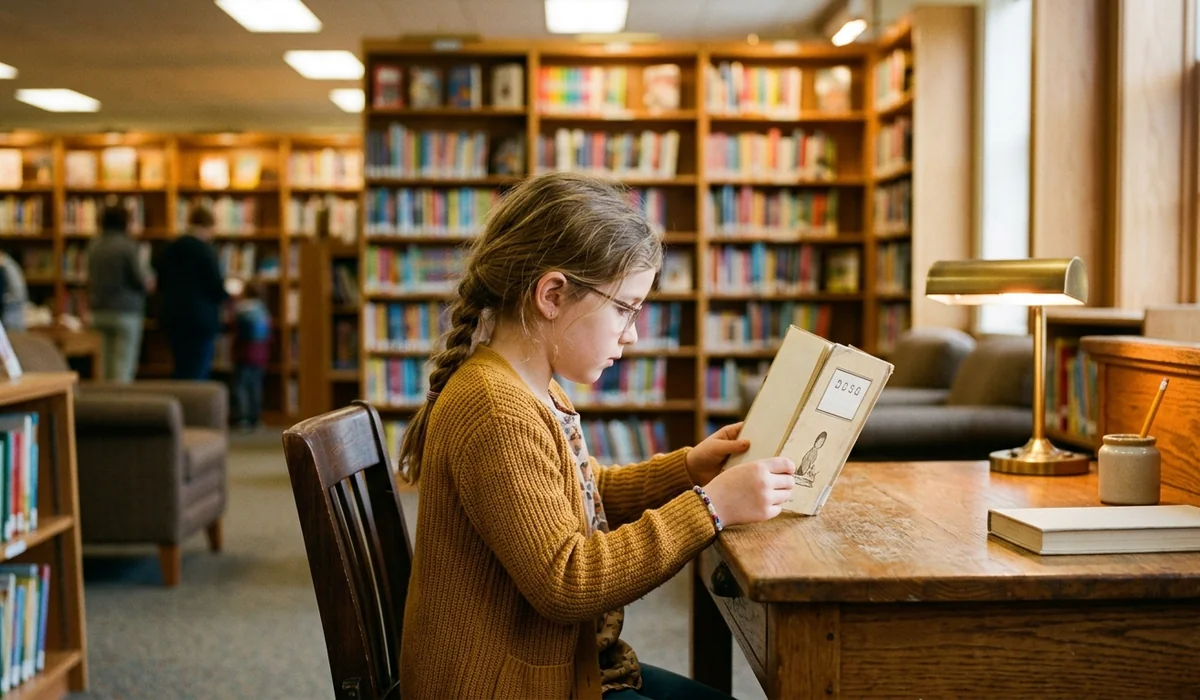 Elementary student reviewing leveled books in a school library