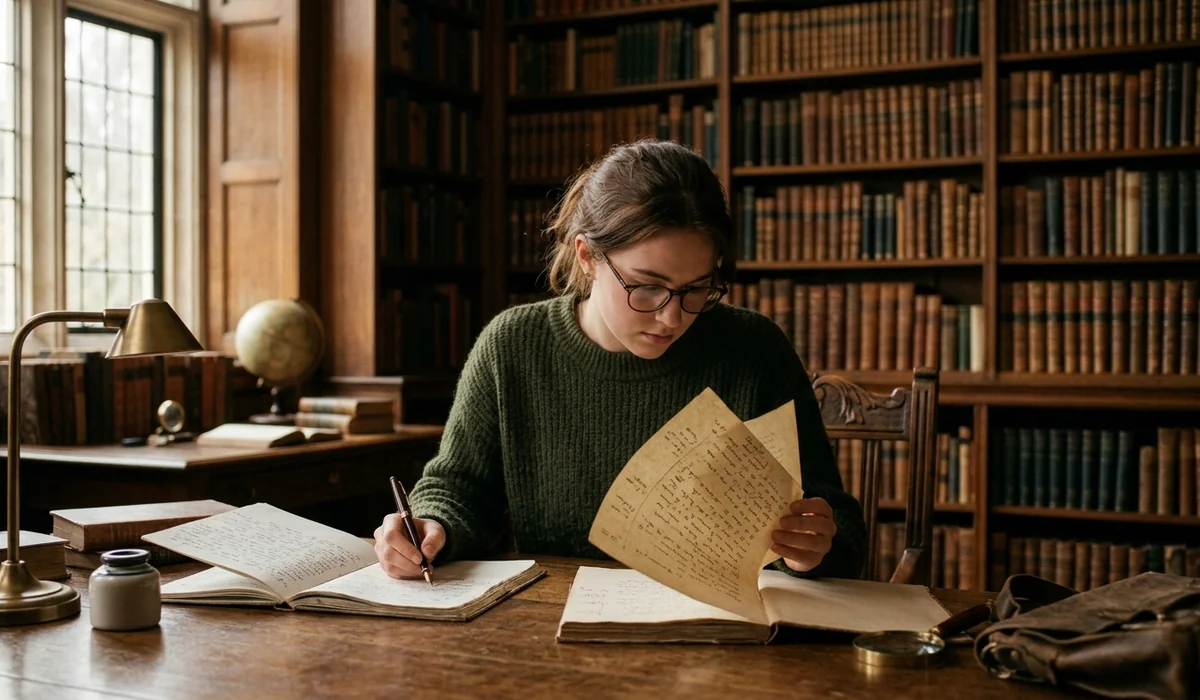 Student examining literary writing style elements at a wooden desk