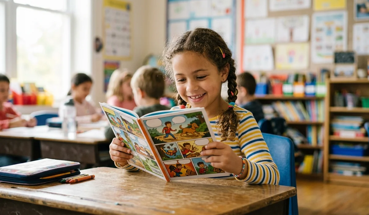 Young elementary student reading a graphic novel at home