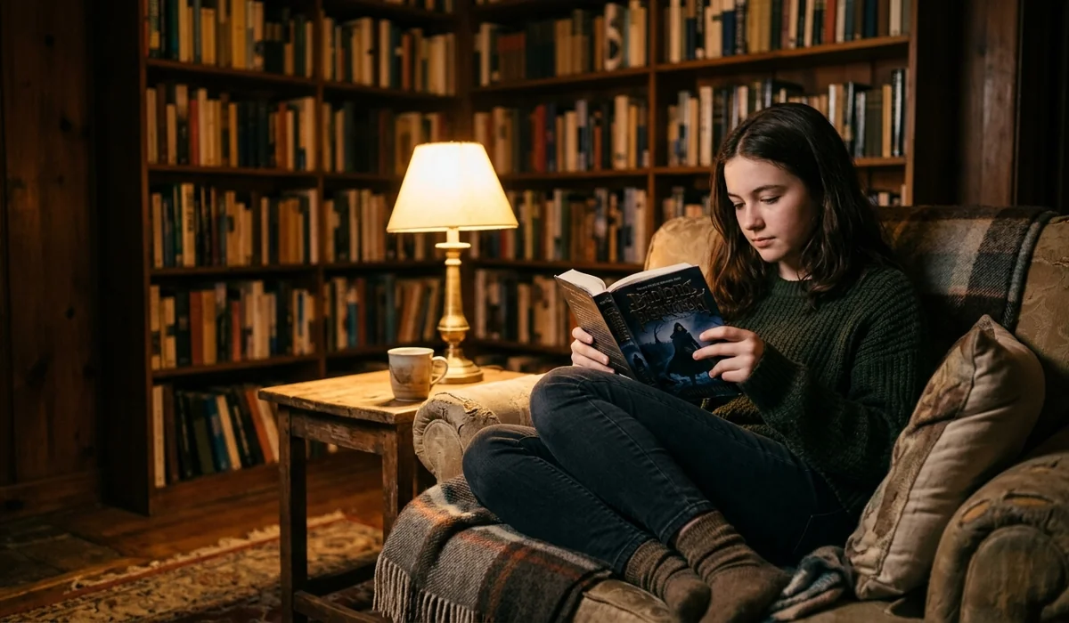 Teenager engrossed in a young adult fantasy novel at a desk