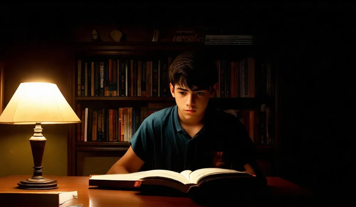 Teen reading a gritty young adult fantasy novel in a dark study room