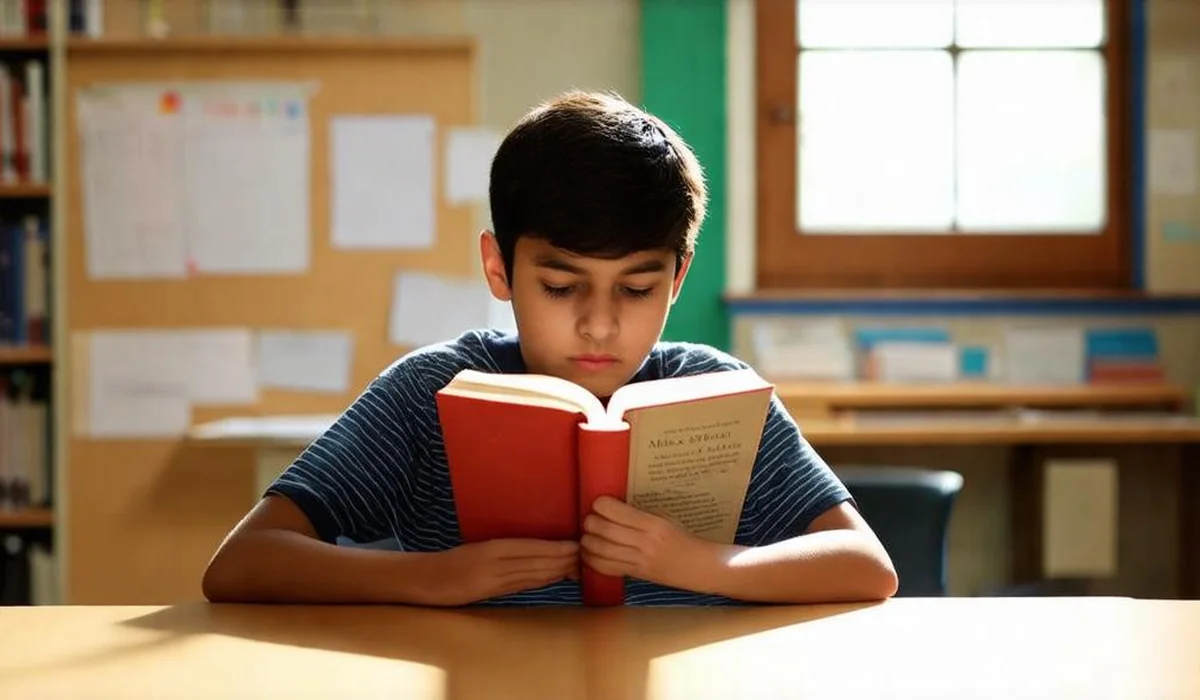 Middle school student reading a classic dystopian novel in a classroom