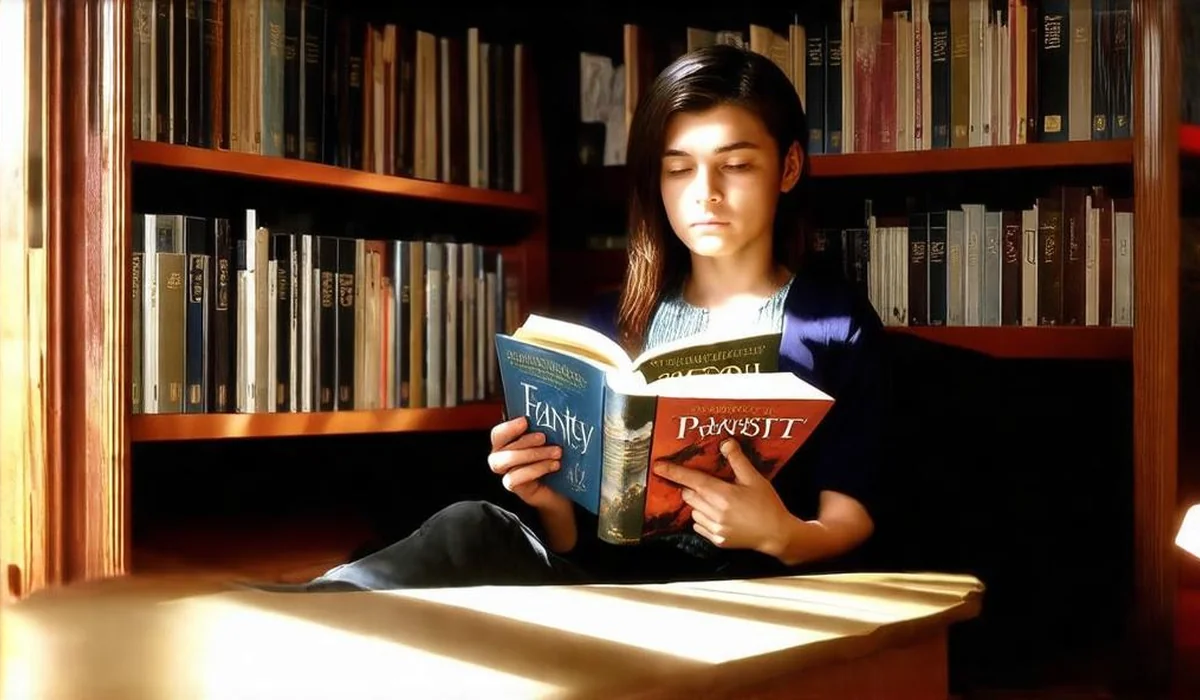Young adult reader holding a thick dragon fantasy novel in a modern library