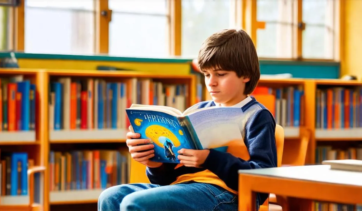 Middle school boy eagerly reading an adventure fantasy novel in a modern school library