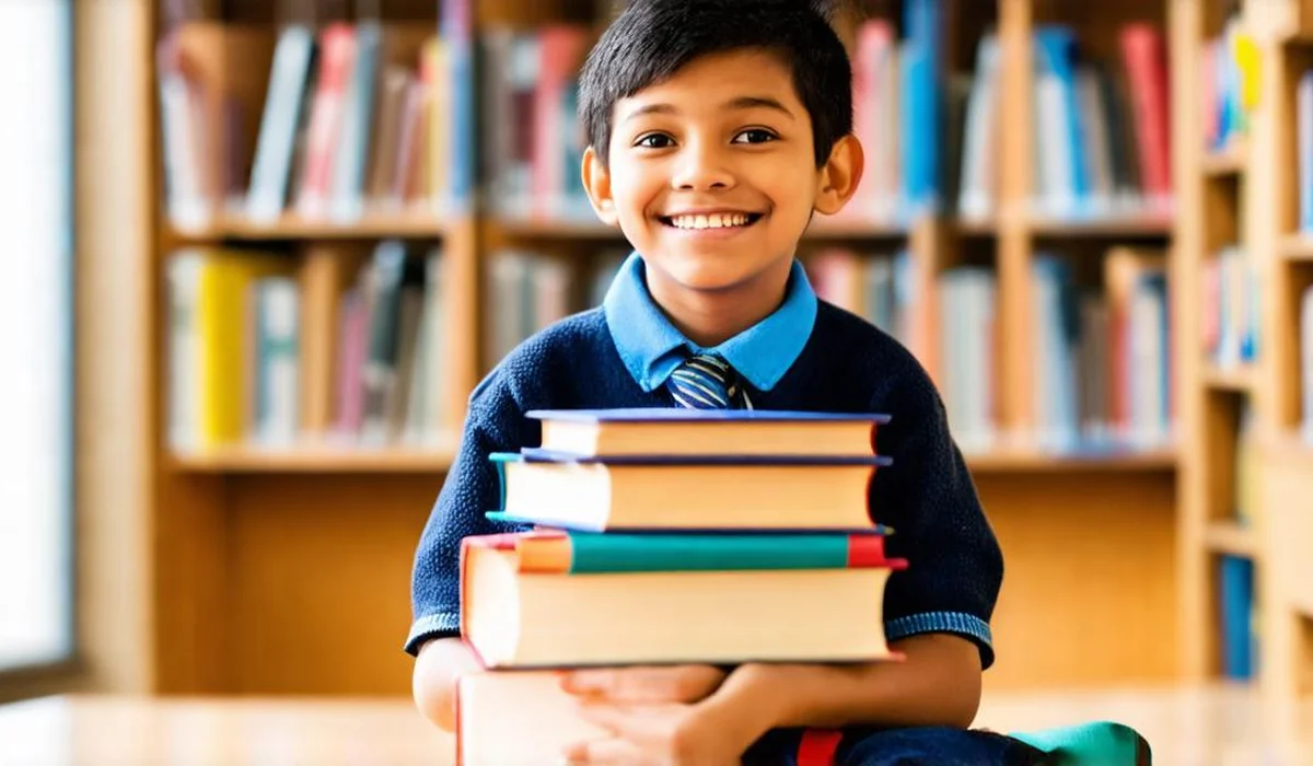 A 10-year-old 5th-grade student smiling and holding a stack of exciting middle-grade chapter books