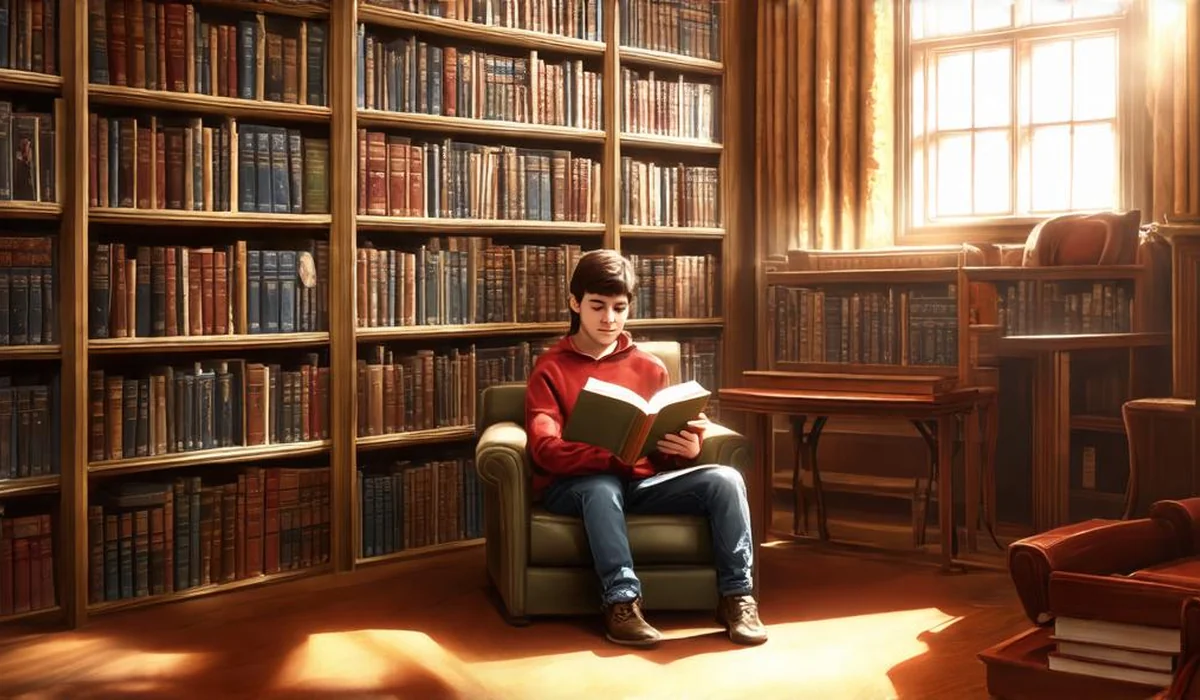 Young reader surrounded by tall neat stacks of fantasy mythology series in a grand library