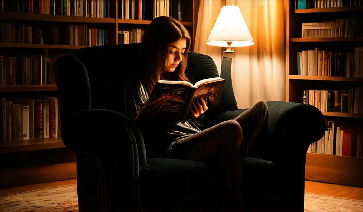 Young adult reader sitting in a moonlit velvet armchair surrounded by stacks of fantasy novels