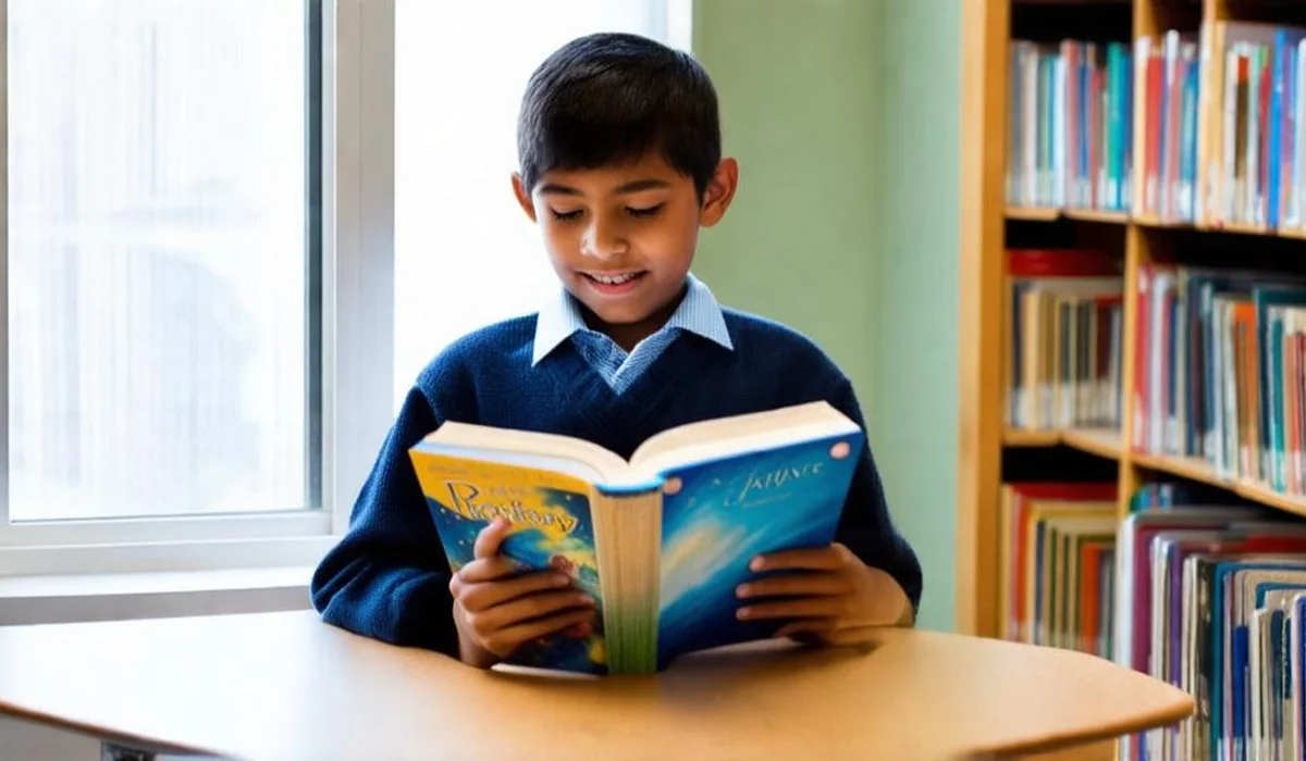 An 11-year-old middle school student engrossed in an exciting fantasy novel in a modern school corridor