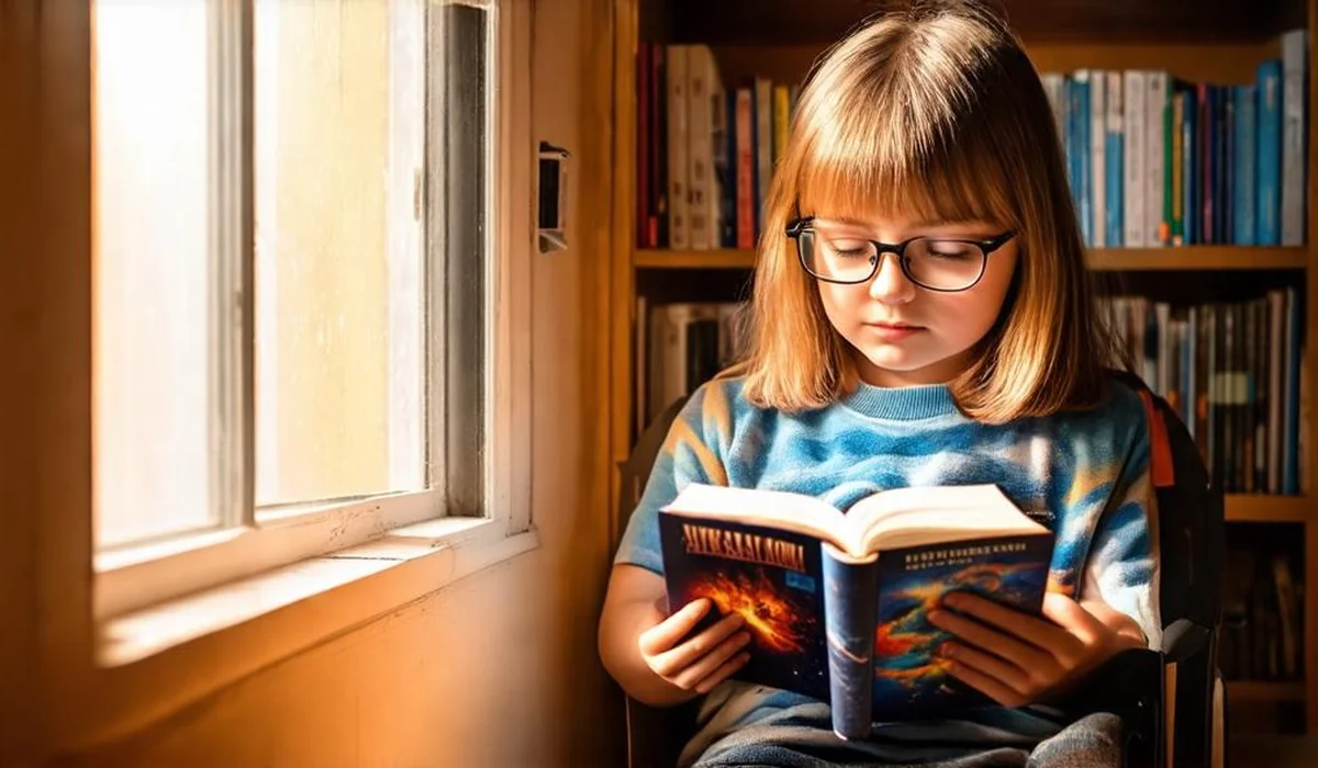 A 10-year-old girl thoughtfully reading a classic science fiction paperback in a cozy sunlit room