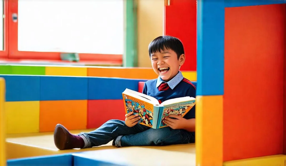 A 9-year-old boy laughing happily while reading an illustrated comic chapter book on a school beanbag