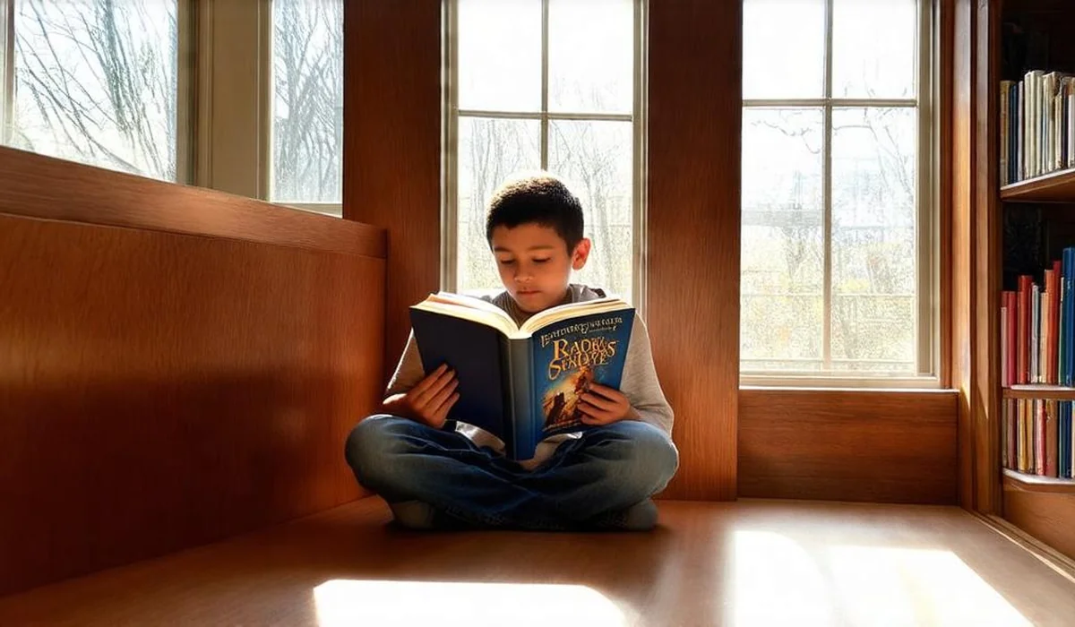 A 11-year-old student engrossed in a thick blue fantasy novel with an embossed dragon on the cover