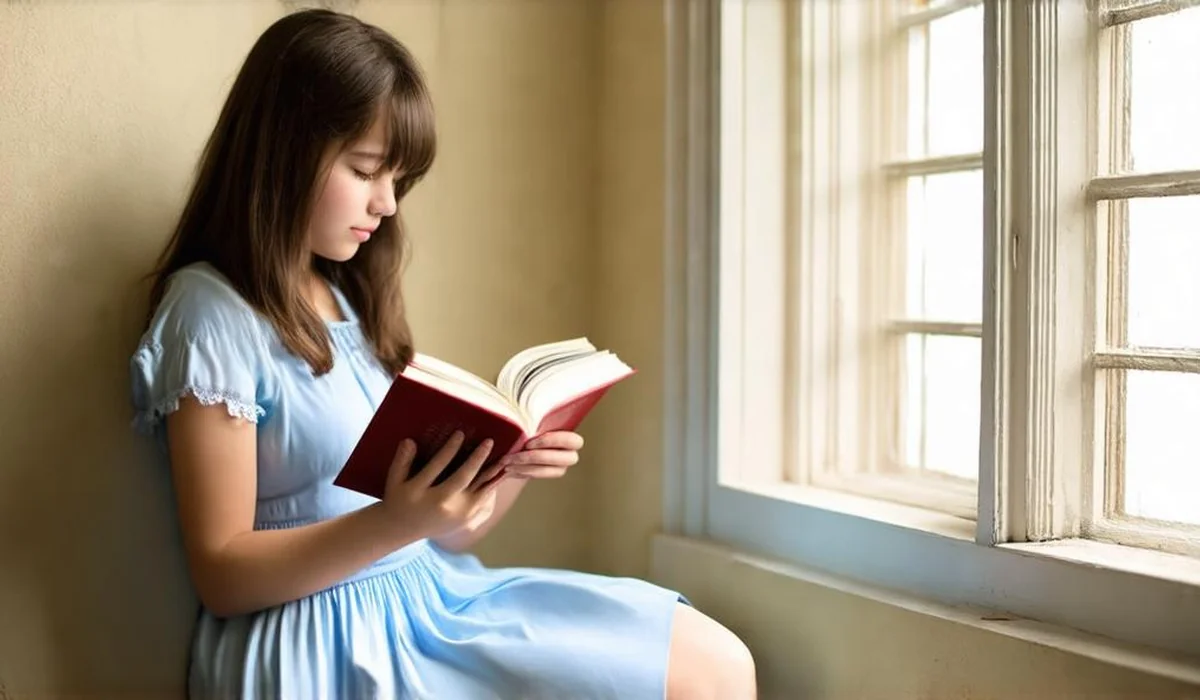 A teenage girl sitting in a sunlit bedroom reading a romantic fantasy novel in a blue dress