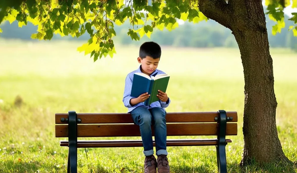 A 10-year-old boy sitting on a wooden bench outside reading a paperback classic under a green maple tree