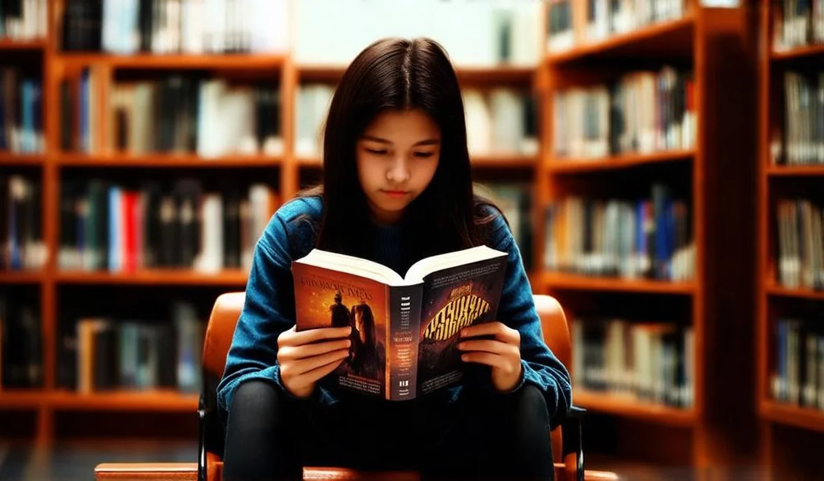 A teenage reader sitting in a moody, atmospheric library corner reading an intense dystopian survival novel
